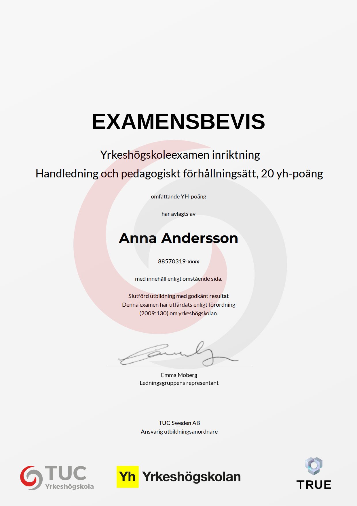 Example certificate for Handledning och pedagogiskt förhållningsätt , 20 yh-poäng from TUC Yrkeshögskola